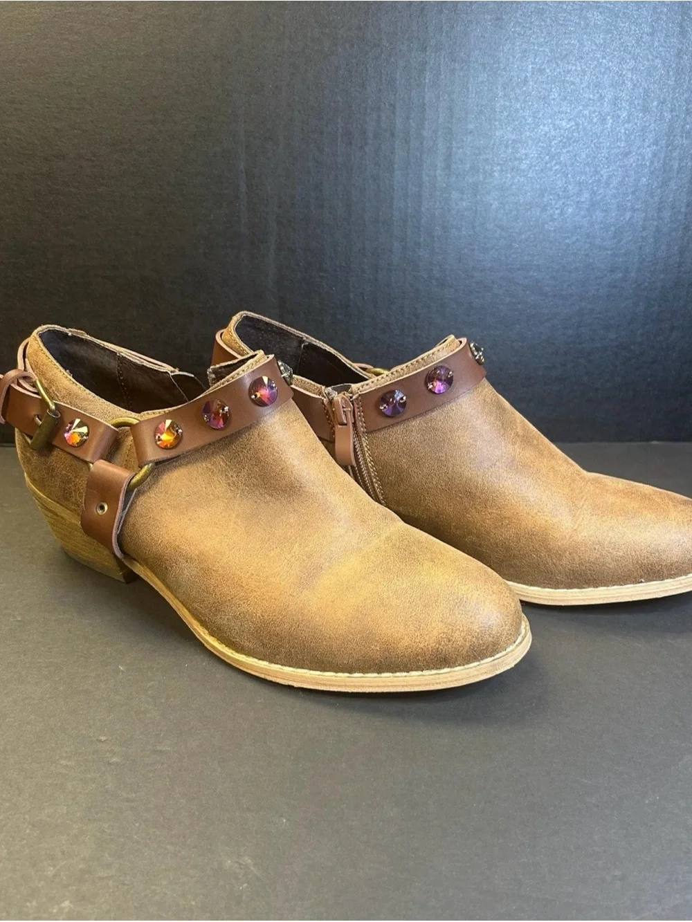 Woman’s Brown Leather Slip-On Boots with Decorative Gem Strap